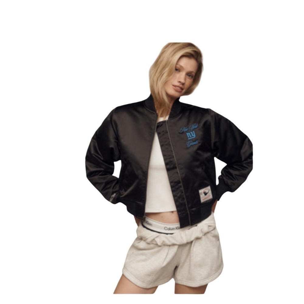 NWT Mitchell & Ness NFL New York Giants Cropped Bomber Jacket‎ Black Satin XS